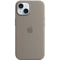 Clay-colored Apple iPhone 15 silicone case with MagSafe, featuring an Apple logo and dual camera cutout.