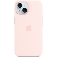 Light pink Apple iPhone 15 silicone case with MagSafe, featuring a smooth finish and Apple logo on the back.