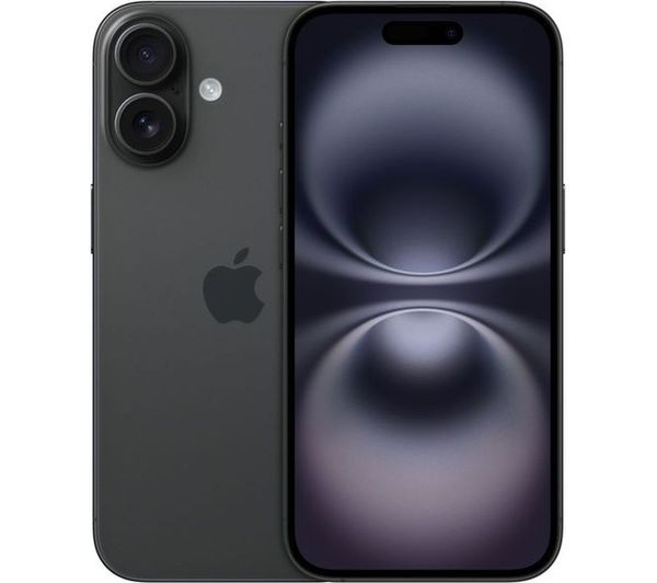 Black iPhone 16 with dual rear cameras, sleek design, and a vibrant display, featuring 256GB storage, available for lease with a lifetime warranty.