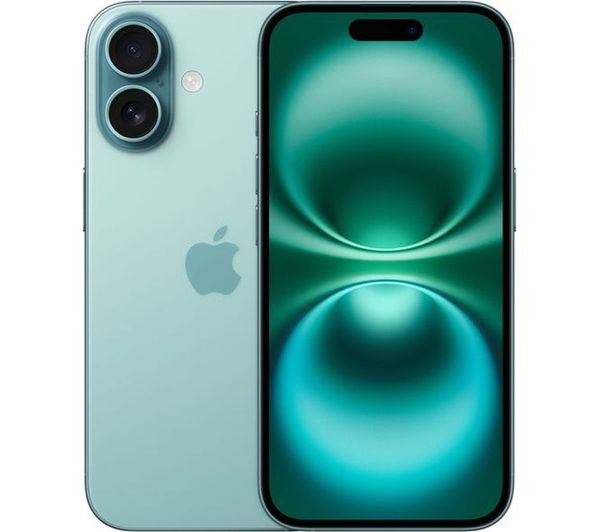 Teal Apple iPhone 16 with 256GB storage, featuring a sleek glass back, dual rear cameras, and a vibrant display showcasing a smooth green gradient.