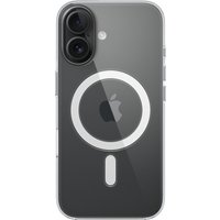Clear iPhone 16 case with MagSafe, transparent back, visible Apple logo, and circular MagSafe outline.