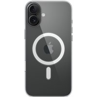 Clear iPhone 16 Plus case with MagSafe, showing circular MagSafe design and Apple logo, transparent edges.