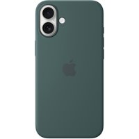 Lake Green Apple iPhone 16 Plus Silicone Case with MagSafe, smooth finish, Apple logo, dual camera cutout.