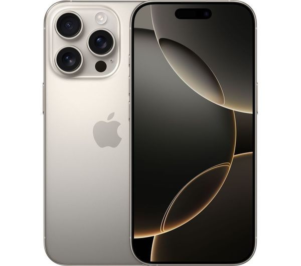 Apple iPhone 16 Pro in Natural Titanium, featuring a sleek design, three rear cameras, and a vibrant display with a minimalist aesthetic.