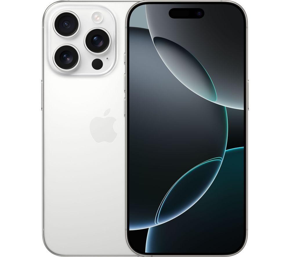 Apple iPhone 16 Pro in White Titanium, featuring a sleek design, a large display with rounded edges, and a triple-camera system on the back.