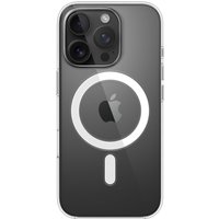 Clear iPhone 16 Pro case with MagSafe, transparent back, and visible Apple logo, showcasing camera cutout.