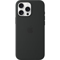 Black Apple iPhone 16 Pro Max silicone case with MagSafe, featuring a sleek design and precise camera cutout.