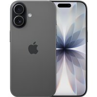 Black Apple iPhone 17 with dual rear cameras, USB Type-C port, and edge-to-edge display showing abstract flower design.