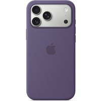 Purple silicone iPhone 17 Pro Max case with MagSafe, featuring Apple logo and precise camera cutouts.