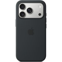 Black Apple iPhone 17 Pro silicone case with MagSafe, featuring precise camera cutouts and Apple logo.