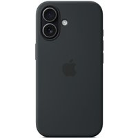 Black Apple iPhone 17 silicone case with MagSafe, featuring a smooth finish and Apple logo on the back.