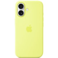 Neon yellow silicone iPhone 17 case with MagSafe, featuring Apple logo and dual camera cutout.