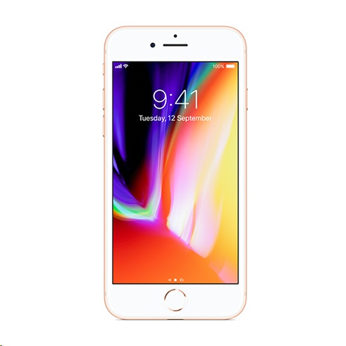 Gold Apple iPhone 8 with a 256GB capacity, featuring a sleek glass front and back, a home button, and a vibrant display showing the time and date.