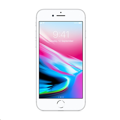Silver Apple iPhone 8 with a 64GB capacity, featuring a sleek glass front, a round home button, and a vibrant display showing the time and date.