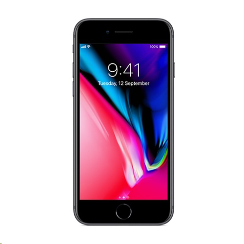 Apple iPhone 8 in Space Grey, featuring a 64GB capacity, with a sleek glass front and back, and a vibrant display showing the time and date.