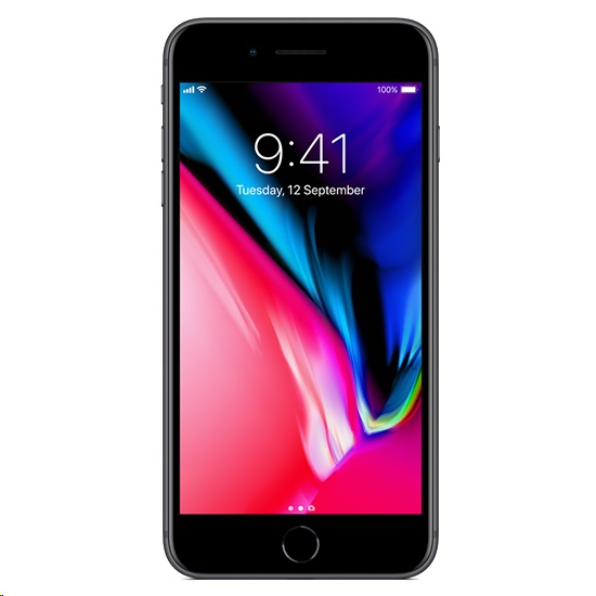 Apple iPhone 8 Plus in Space Grey with a 256GB capacity, featuring a sleek glass front, rounded edges, and a vibrant display showing the time and date.