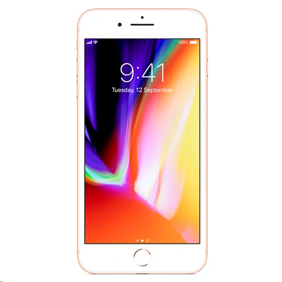 Gold Apple iPhone 8 Plus with a 64GB capacity, featuring a large touchscreen display, home button, and a vibrant lock screen showing the time and date.