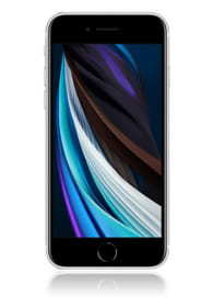 White Apple iPhone SE 2020 with a 128GB capacity, featuring a sleek glass back, a home button, and a vibrant display showcasing colorful abstract graphics.