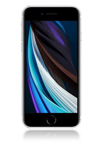 Apple iPhone SE 2020 in black, featuring a 64GB capacity, with a sleek glass front and aluminum frame, displaying a vibrant abstract wallpaper on its screen.