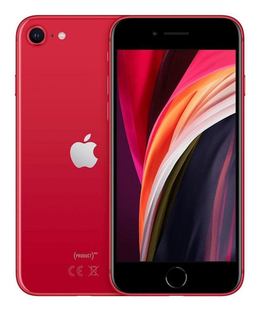Red Apple iPhone SE 2020 with a 64GB capacity, featuring a sleek glass and aluminum design, a single rear camera, and a home button with Touch ID.