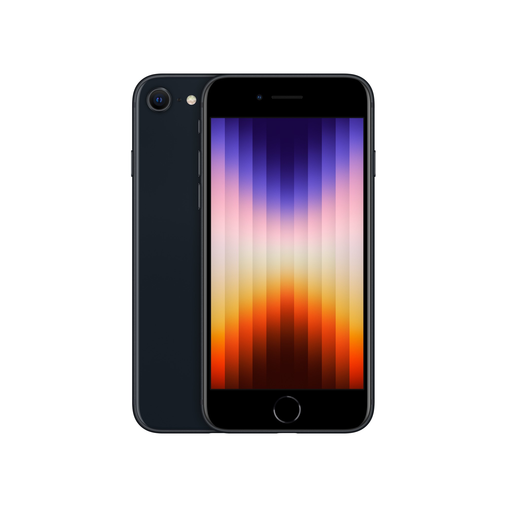Apple iPhone SE 2022 in Midnight color, featuring a sleek glass and aluminum design, 128GB capacity, and a vibrant display with a gradient background.
