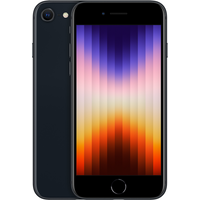 Black Apple iPhone SE 2022 with 4.7" display, single rear camera, and home button, shown front and back.