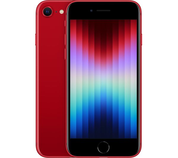 Red Apple iPhone SE 2022 with a 64GB capacity, featuring a sleek glass front and back, a vibrant display with vertical gradient colors, and a single rear camera.