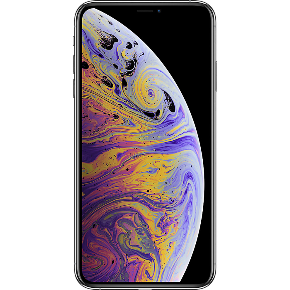 Silver Apple iPhone X with a 256GB capacity, featuring a sleek glass front and back, and a vibrant display showcasing a colorful abstract wallpaper.