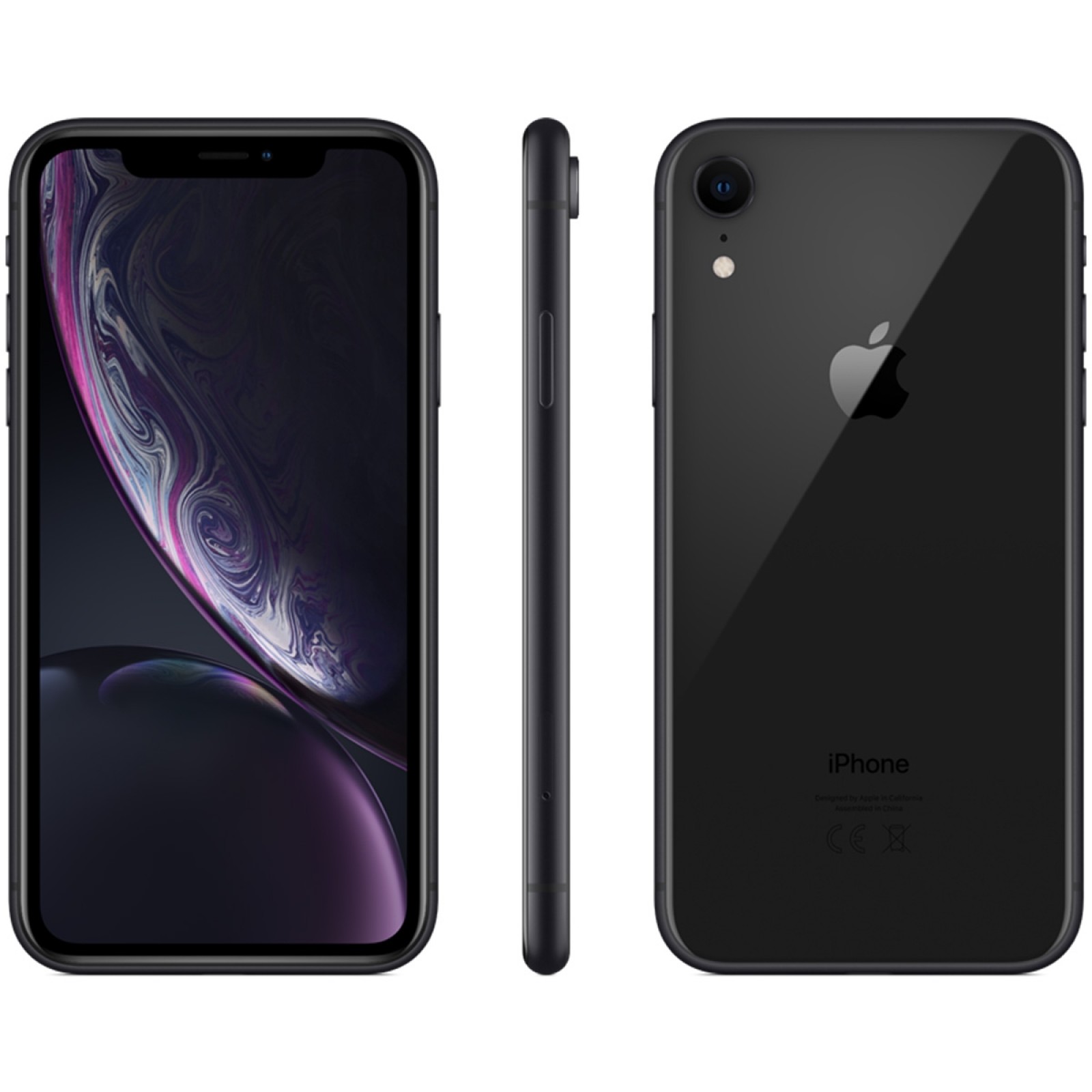 Black Apple iPhone XR with a 128GB capacity, featuring a sleek glass back, edge-to-edge display, and a single rear camera, shown from front, side, and back views.