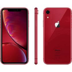 Red Apple iPhone XR with a 128GB capacity, featuring a sleek glass back, edge-to-edge display, and a single rear camera, shown from the front, side, and back.
