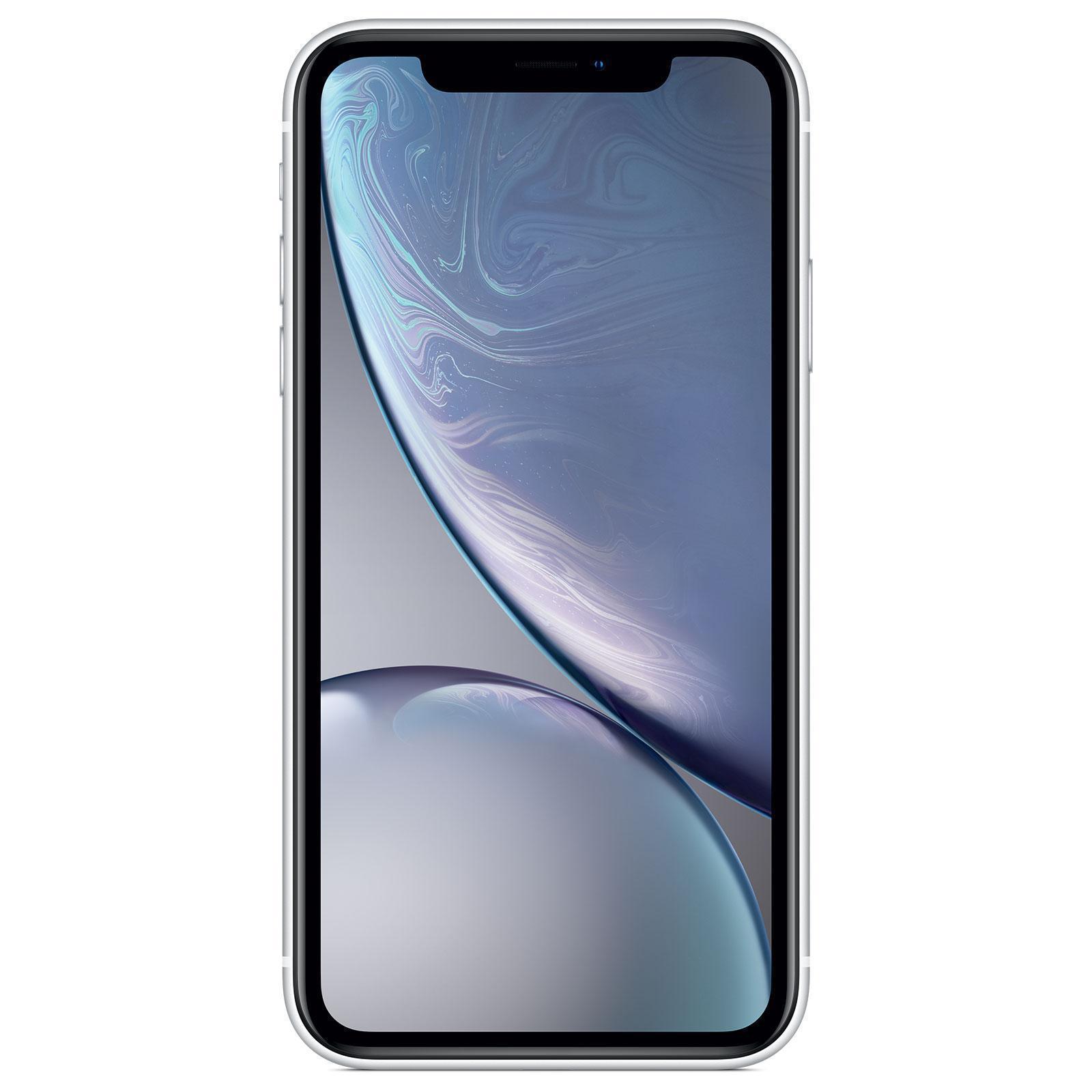 White Apple iPhone XR with a 128GB capacity, featuring a sleek glass front and back, a large display, and minimal bezels, in good condition.
