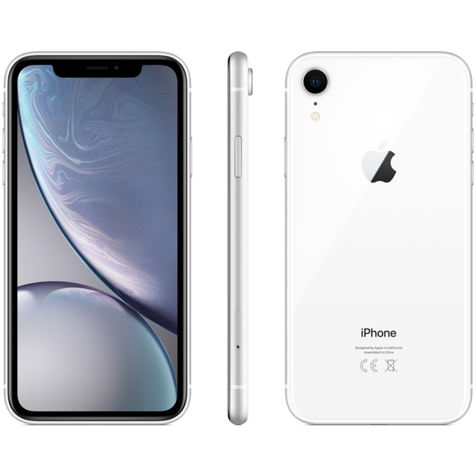 White Apple iPhone XR with a 64GB capacity, featuring a sleek glass back, large display, and a single rear camera, shown from the front, side, and back.