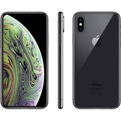 Apple iPhone XS in Space Grey, 256GB capacity, featuring a sleek glass back, edge-to-edge display, and dual-camera system, shown from front, side, and back angles.