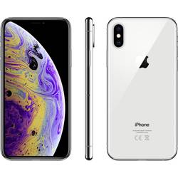 Silver Apple iPhone XS with 64GB capacity, featuring a vibrant front display with colorful graphics, sleek glass back, and dual-camera system.
