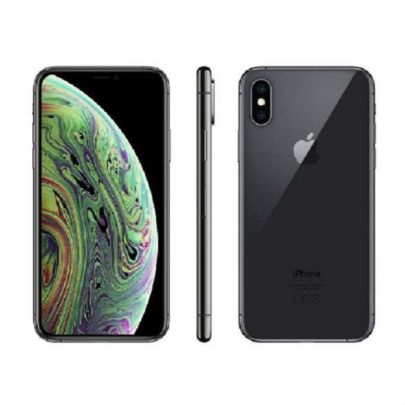 Apple iPhone XS in space grey with a glass back, showcasing a vibrant display featuring colorful abstract patterns, and a sleek, slim profile.