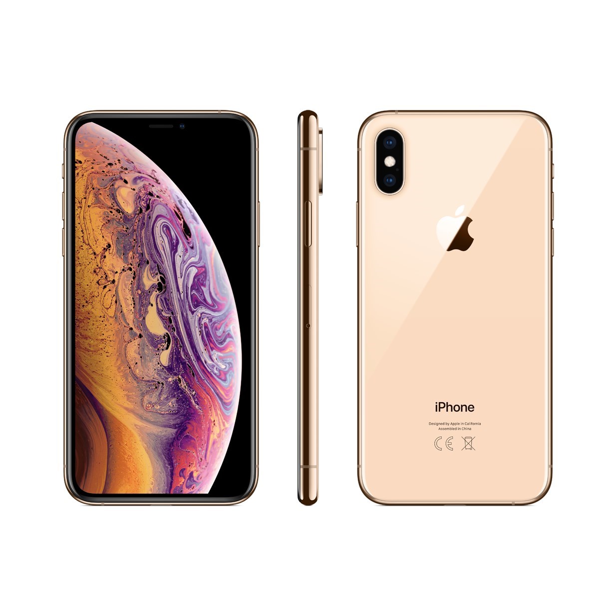 Gold Apple iPhone XS Max with a 256GB capacity, showcasing a vibrant display on the front and a sleek glass back featuring the Apple logo.
