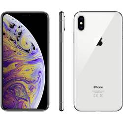 Silver Apple XS Max smartphone with a 64 GB capacity, featuring a vibrant display with swirling purple and yellow patterns, and a sleek glass back with the Apple logo.