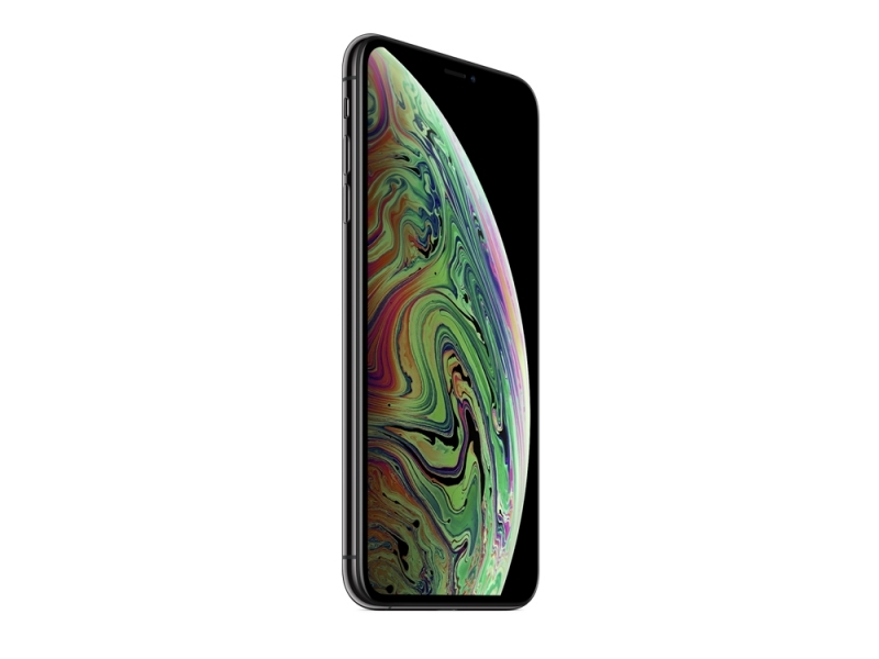 Apple iPhone XS Max in Space Grey, featuring a sleek glass and metal design, 64GB capacity, and a vibrant display with colorful graphics.