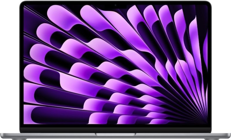 Sleek space grey Apple MacBook Air with a 15.3-inch display, featuring a vibrant purple abstract design on the screen, 16GB RAM, and 512GB SSD.