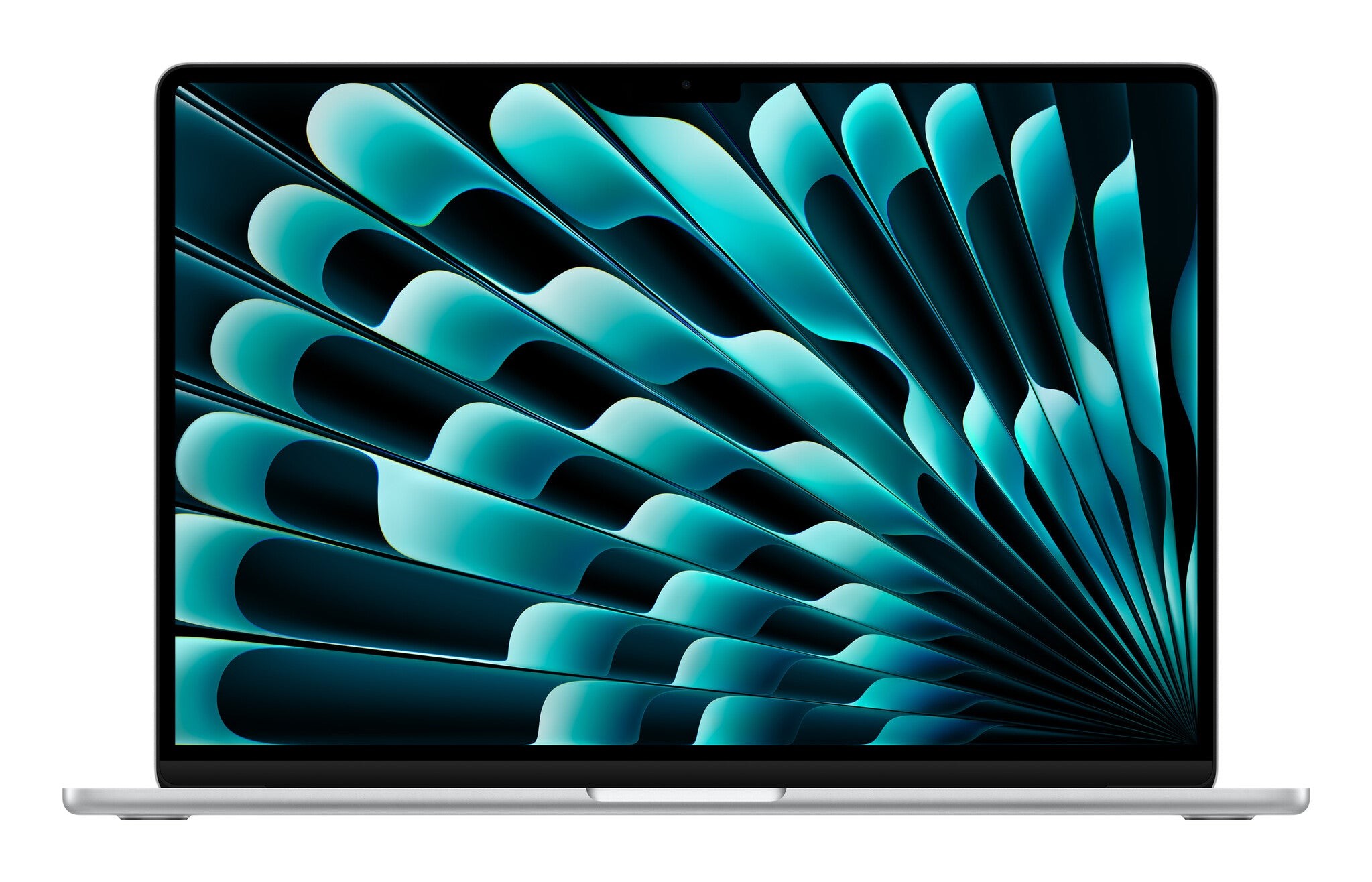 Silver Apple MacBook Air with a 15-inch display, featuring an M4 chip, 24GB RAM, and 512GB SSD, showcasing a vibrant, abstract blue-green design on the screen.