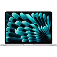 Silver Apple MacBook Air M5, 13.6" display, sleek design, thin bezels, macOS Tahoe, vibrant screen pattern.