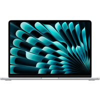 Silver Apple MacBook Air with 13.6-inch display, sleek design, and vibrant abstract screen pattern.