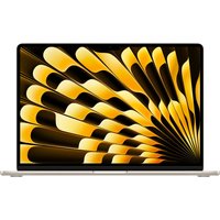 Beige Apple MacBook Air with 15.3" display, sleek design, and vibrant abstract yellow pattern on screen.