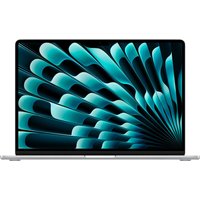 Silver Apple MacBook Air with 15.3" display, sleek design, thin bezels, and vibrant screen pattern.