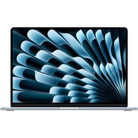 Tahoe Blue Apple MacBook Air with 15.3" display, sleek design, thin bezels, and vibrant abstract screen pattern.