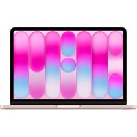 Blush Apple MacBook Neo 13-inch laptop with black bezel, vibrant pink and blue screen, sleek design.
