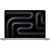 Silver Apple MacBook Pro 14-inch with sleek design, black keyboard, and large display showing abstract pattern.