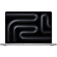 Silver Apple MacBook Pro 14-inch with M5 Pro chip, sleek design, and black abstract screen pattern.