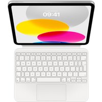 White Apple Magic Keyboard Folio for iPad 10th gen, UK layout, detachable with trackpad and function keys.