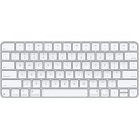 White Apple Magic Keyboard, compact design, QWERTY layout, USB and Bluetooth connectivity, US English keys.